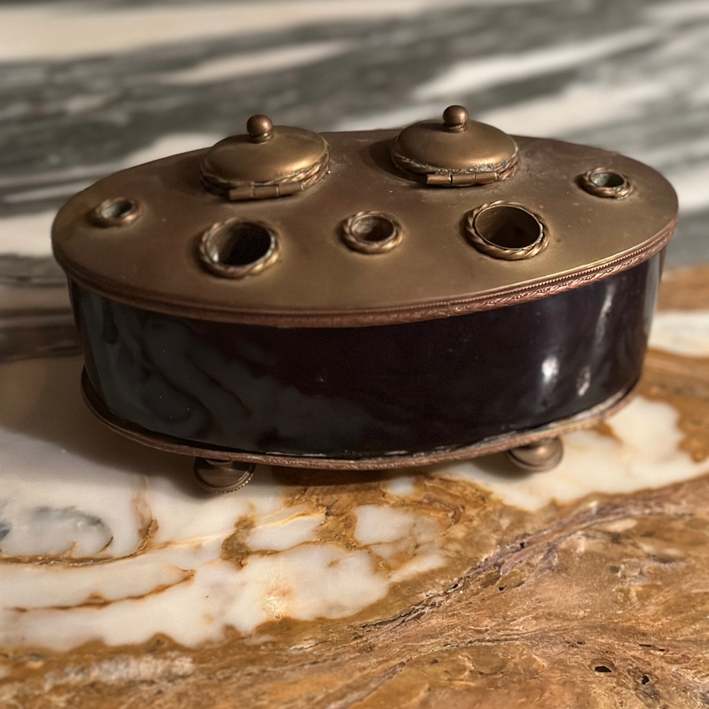 Antique midnight blue ceramic and brass base and top double ink well. Classic
